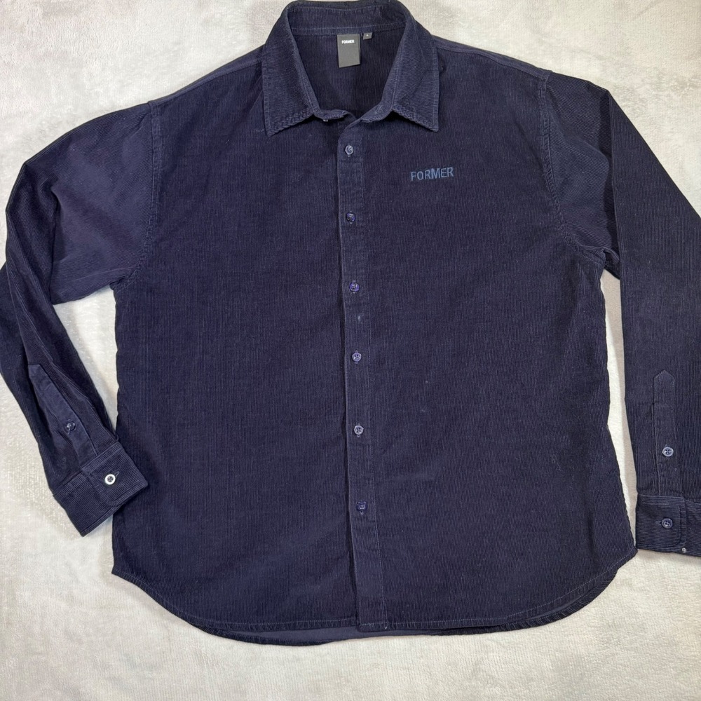 Former Merchandise Mens Navy Blue Corduroy Long Sleeve Button Down Shirt Size L